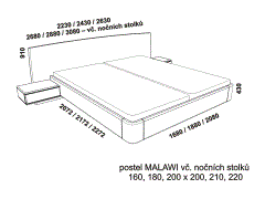 Postel Malawi, včetně nočních stolků – rozměrový nákres. Provedení: masivní malajský dub. Více barevných odstínů. Česká výroba. Vysoká kvalita.