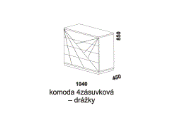 Komoda Melaka 4zásuvková – rozměrový nákres. Zásuvky s drážkami. Provedení: masivní malajský dub. Více barevných odstínů. Kvalitní konstrukce. Český výrobek.
