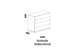 Komoda Melaka 4zásuvková – rozměrový nákres. Provedení: masivní malajský dub. Více barevných odstínů. Kvalitní konstrukce. Český výrobek.
