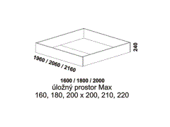 Úložný prostor Max Melaka – rozměrový nákres. Provedení: masivní malajský dub. Do lůžka doporučujeme použít rošt s odklápěním.