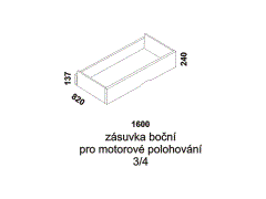 Zásuvka pod postel boční tříčtvrteční Melaka – rozměrový nákres. Zásuvka je vhodná pod postel s motorovým polohovacím roštem. Provedení: masivní malajský dub.