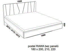 Postel Rawa, bez panelů – rozměrový nákres. Provedení: masivní malajský dub. Více barevných odstínů. Česká výroba. Vysoká kvalita.