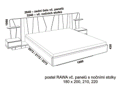 Postel Rawa, včetně panelů s nočními stolky – rozměrový nákres. Provedení: masivní malajský dub. Více barevných odstínů. Česká výroba. Vysoká kvalita.