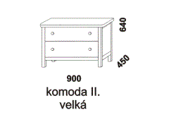 Komoda Anny velká dvouzásuvková - rozměrový nákres. Provedení: masivní smrk. Kvalitní zpracování. Česká výroba.