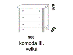 Komoda Anny velká, se třemi zásuvkami. Rozměrový nákres. Provedení: masivní smrk. Kvalitní zpracování. Česká výroba.