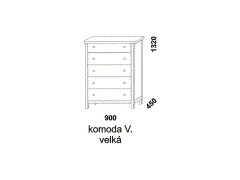 Komoda Anny velká, s pěti zásuvkami. Rozměrový nákres. Provedení: masivní smrk. Kvalitní zpracování. Česká výroba.