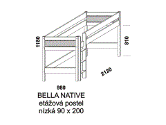 Etážová postel Bella Native, nízká. Rozměrový nákres. Provedení: masivní smrk, MDF. Vhodná do dětských pokojů. Česká výroba.