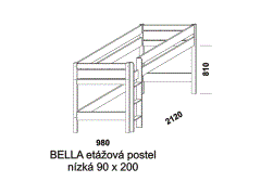 Etážová postel Bella z masivu, nízká. Rozměrový nákres. Provedení: masivní smrk. Vhodná do dětských pokojů. Česká výroba.