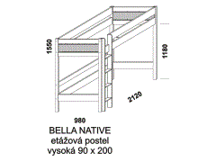 Etážová postel Bella Native, vysoká. Rozměrový nákres. Provedení: masivní smrk, MDF. Vhodná do dětských pokojů. Česká výroba.