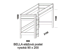 Etážová postel Bella z masivu, vysoká. Rozměrový nákres. Provedení: masivní smrk. Vhodná do dětských pokojů. Česká výroba.