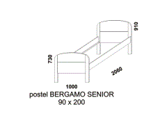 Postel Bergamo Senior z masivu – rozměrový nákres. Zvýšená lehací plocha. Postel vhodná nejen pro seniory. Provedení: masivní buk. Česká výroba.