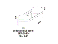 Pečovatelská postel Berghen z masivu - rozměrový nákres. Zvýšená lehací plocha. Provedení: masivní smrk. Česká výroba.