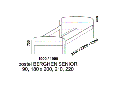 Postel Berghen Senior z masivu - rozměrový nákres. Zvýšená lehací plocha. Postel vhodná nejen pro seniory. Provedení: masivní smrk. Česká výroba.