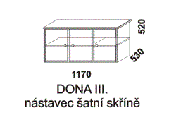 Nástavec šatní skříně Dona III z masivu - rozměrový nákres. Součástí nástavce je 1 police v úzkém i širokém dílu. Provedení: masivní smrk. Vysoká kvalita.