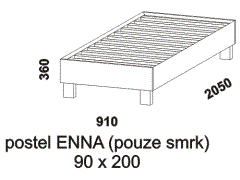 Postel Enna z masivu - rozměrový nákres. Postel se dodává včetně laťkového roštu. Provedení: masivní smrk. Vysoká kvalita.