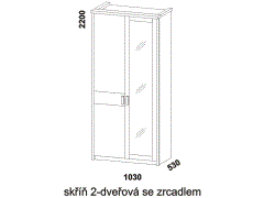 Skříň Enna 2-dveřová, se zrcadlem. Rozměrový nákres. Provedení: kombinace LTD a masiv. Vhodná do ložnice. Český výrobek. Vysoká kvalita.