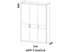 Skříň Enna 3-dveřová - rozměrový nákres. Provedení: kombinace LTD a masiv. Vhodná do ložnice. Český výrobek. Vysoká kvalita.