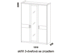 Skříň Enna 3-dveřová, se zrcadlem. Rozměrový nákres. Provedení: kombinace LTD a masiv. Vhodná do ložnice. Český výrobek. Vysoká kvalita.