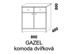 Komoda dvířková Gazel z masivu - rozměrový nákres. Provedení: masivní smrk. Kombinace dvířek a zásuvek. Česká výroba.