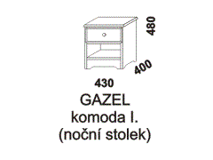 Komoda I Gazel z masivu - s jednou zásuvkou a otevřenou poličkou. Rozměrový nákres. Provedení: masivní smrk. Česká výroba.