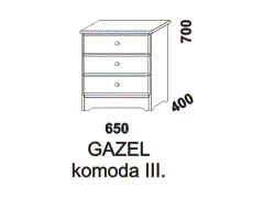 Komoda se třemi zásuvkami Gazel z masivu. Rozměrový nákres. Provedení: masivní smrk. Česká výroba.