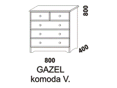 Komoda s pěti zásuvkami Gazel z masivu. Rozměrový nákres. Provedení: masivní smrk. Česká výroba.