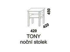 Noční stolek Tony z masivu - rozměrový nákres. Provedení: masivní smrk. Vysoká kvalita. Český výrobek.