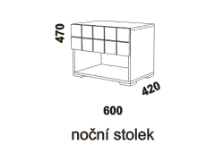 Noční stolek Hanny jednozásuvkový z masivu - rozměrový nákres. Provedení: masivní smrk. Kvalitní zpracování. Český výrobek.