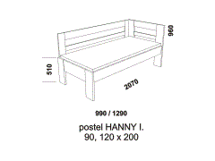 Postel Hanny z masivu - rozměrový nákres. Provedení: masivní smrk. Vysoké čelo postele lze umístit na pravou i levou stranu. Vysoká kvalita.
