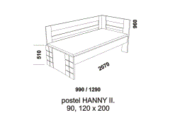 Postel Hanny z masivu - rozměrový nákres. Plné čelo u nohou. Provedení: masivní smrk. Vysoké čelo postele lze umístit na pravou i levou stranu. Vysoká kvalita.