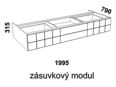 Zásuvkový modul Hanny z masivu - rozměrový nákres. Praktický úložný prostor složený ze čtyř zásuvek. Česká výroba.