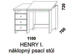 Psací stůl Henry - rozměrový nákres. Provedení: masivní smrk. Stůl má 3 zásuvky a náklopnou pracovní část desky. Vyrobeno v Česku.