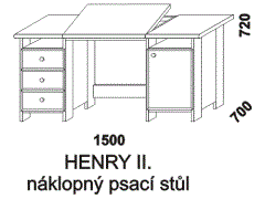 Psací stůl Henry - rozměrový nákres. Provedení: masivní smrk. Stůl má náklopnou pracovní část desky, zásuvkou a dvířkovou část. Vyrobeno v Česku.
