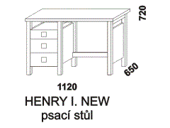 Psací stůl Henry New - rozměrový nákres. Provedení: masivní smrk nebo kombinace masivní buk a MDF. Stůl má 3 zásuvky a pracovní desku. Vyrobeno v Česku.
