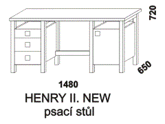 Psací stůl Henry New - rozměrový nákres. Provedení: masivní smrk nebo kombinace masivní buk a MDF. Stůl má pracovní desku, dvířkovou a zásuvkovou část.