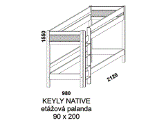 Etážová palanda Keyly Native. Rozměrový nákres. Provedení: masivní smrk, MDF. Vhodná do dětských pokojů. Česká výroba.
