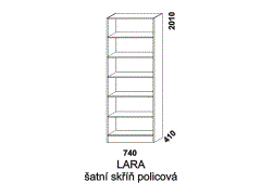 Skříň Lara policová - rozměrový nákres. Vhodná do ložnice, studentského nebo dětského pokoje. Provedení: masivní smrk. Vyrobeno v Česku.