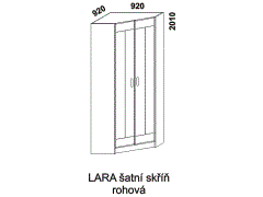 Skříň Lara rohová - rozměrový nákres. Vhodná do ložnice, studentského nebo dětského pokoje. Provedení: masivní smrk. Vyrobeno v Česku.