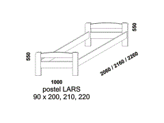 Postel Lars z masivu - rozměrový nákres. Provedení: masivní smrk. Postel je vhodná nejen do dětského pokoje. Česká výroba.