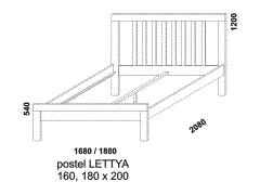 Postel Lettya z masivu - rozměrový nákres. Vysoké čelo u hlavy. Provedení: masivní buk. Vyrobeno v Česku. Kvalitní zpracování.