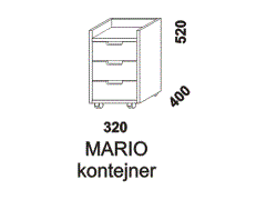 Kontejner Mario, 3-zásuvkový, na kolečkách. Rozměrový nákres. Provedení: masivní smrk. Vyrobeno v Česku. Kvalitní zpracování.