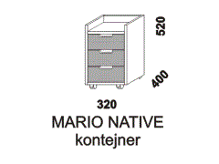 Kontejner Mario Native, 3-zásuvkový, na kolečkách. Rozměrový nákres. Provedení: masivní smrk. Čela zásuvek se vyrábí z MDF v různých barvách. Vyrobeno v Česku.