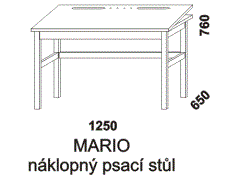 Psací stůl Mario s náklopnou pracovní deskou. Rozměrový nákres. Provedení: masivní smrk. Stůl lze doplnit kontejnerem. Vyrobeno v Česku.