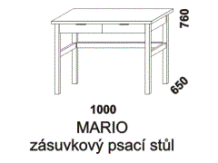 Psací stůl Mario zásuvkový. Rozměrový nákres. Provedení: masivní smrk. Stůl lze doplnit policí a kontejnerem. Vyrobeno v Česku.