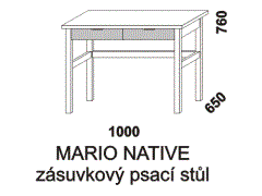 Psací stůl Mario zásuvkový. Rozměrový nákres. Provedení: masivní smrk. Stůl lze doplnit policí a kontejnerem. Čela zásuvek se vyrábí z MDF v různých barvách.