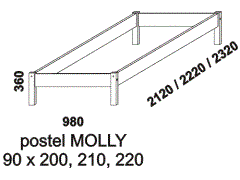 Postel Molly z masivu, obě čela nízká. Rozměrový nákres. Možnost kombinace s etážovými postelemi Bella vysoká a Keyly. Provedení: masivní smrk.