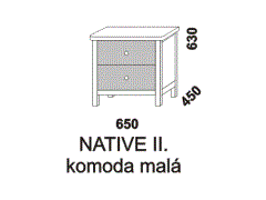 Komoda Native malá dvouzásuvková - rozměrový nákres. Provedení: masivní smrk. Česká výroba. Čela zásuvek se vyrábí z MDF v různých barvách.