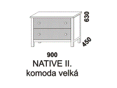 Komoda Native velká dvouzásuvková - rozměrový nákres. Provedení: masivní smrk. Česká výroba. Čela zásuvek se vyrábí z MDF v různých barvách.