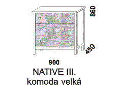 Komoda Native velká, se třemi zásuvkami. Rozměrový nákres. Provedení: masivní smrk. Česká výroba. Čela zásuvek se vyrábí z MDF v různých barvách.