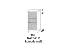 Komoda Native malá, s pěti zásuvkami. Rozměrový nákres. Provedení: masivní smrk. Česká výroba. Čela zásuvek se vyrábí z MDF v různých barvách.